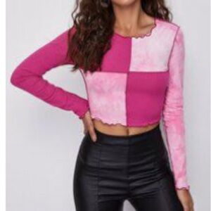 Pink Patchwork Long Sleeve Crop Top